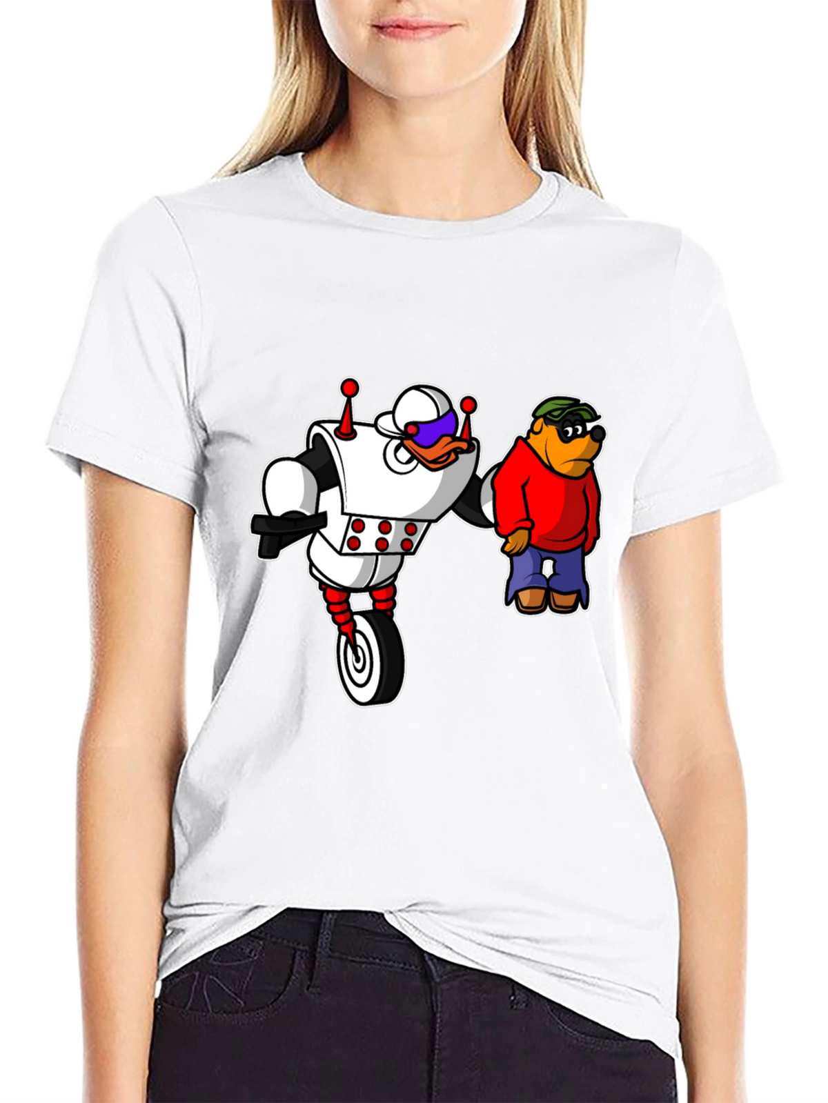 Robot Duck and Cartoon Bear Graphic T-Shirt