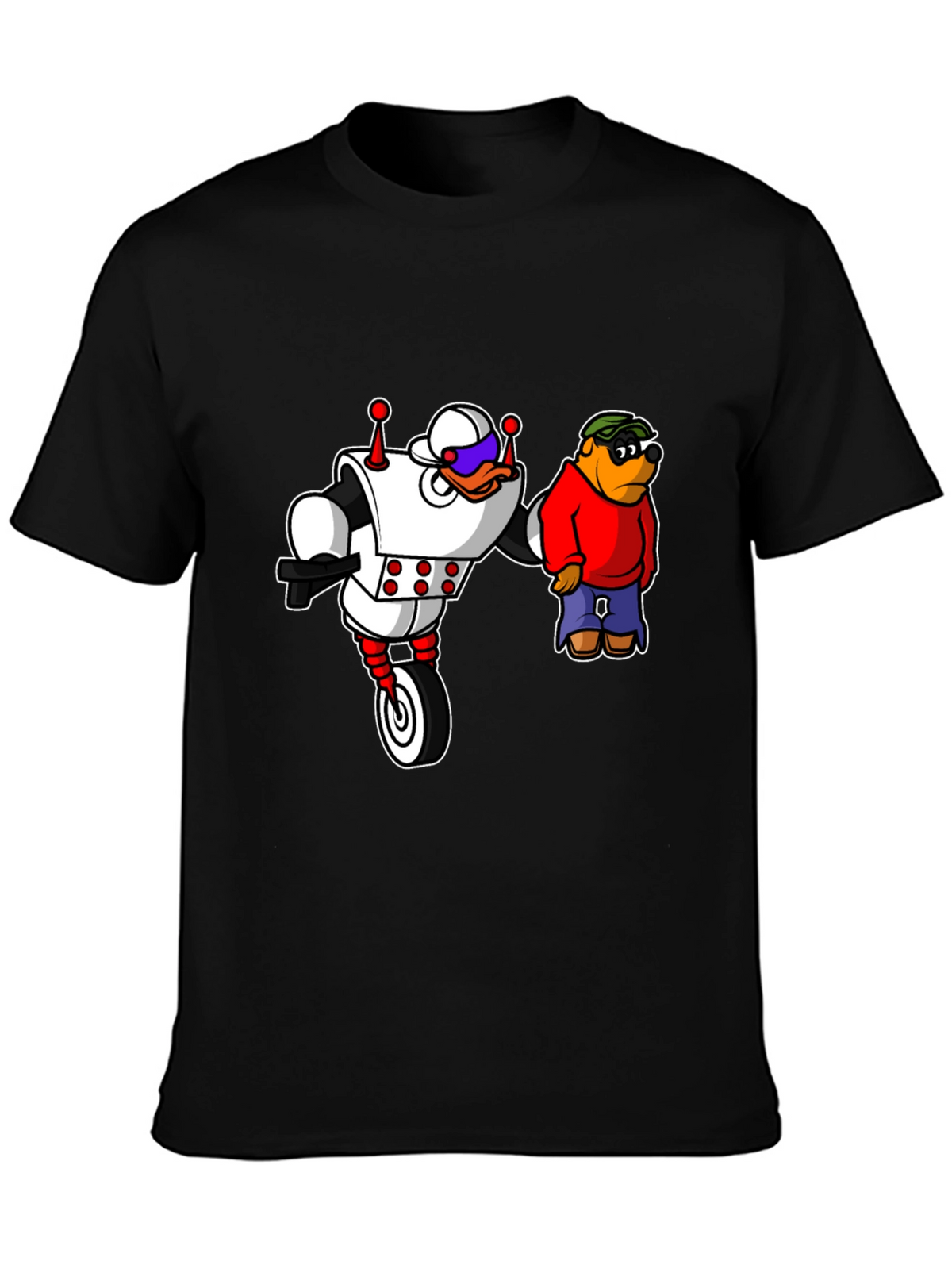 Robot Duck and Cartoon Bear Graphic T-Shirt