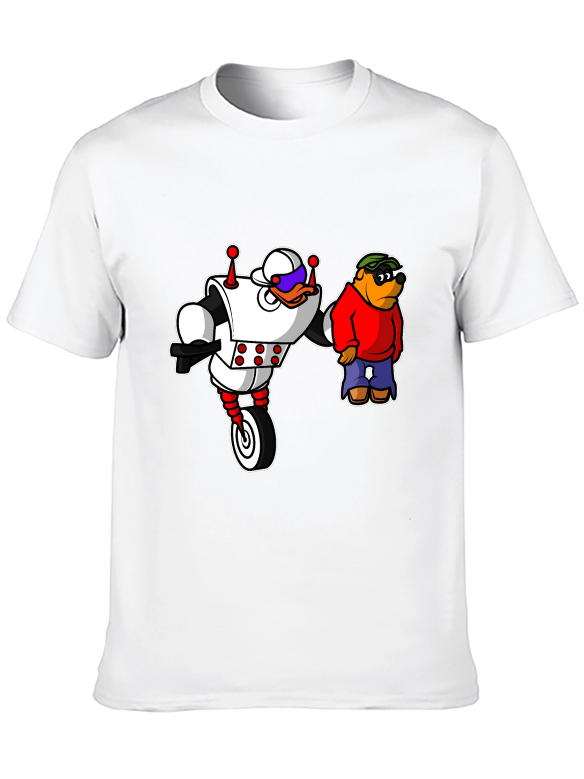 Robot Duck and Cartoon Bear Graphic T-Shirt