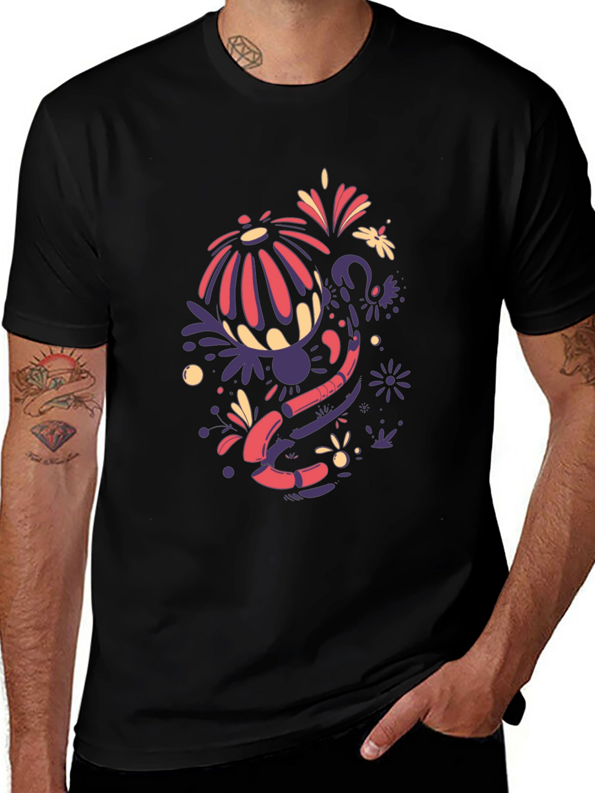 Funky Floral Graphic Tee - Black Cotton Blend