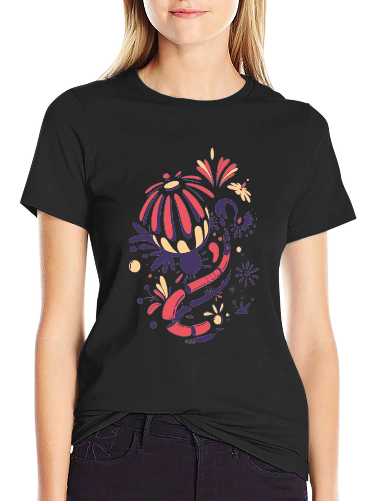 Funky Floral Graphic Tee - Black Cotton Blend