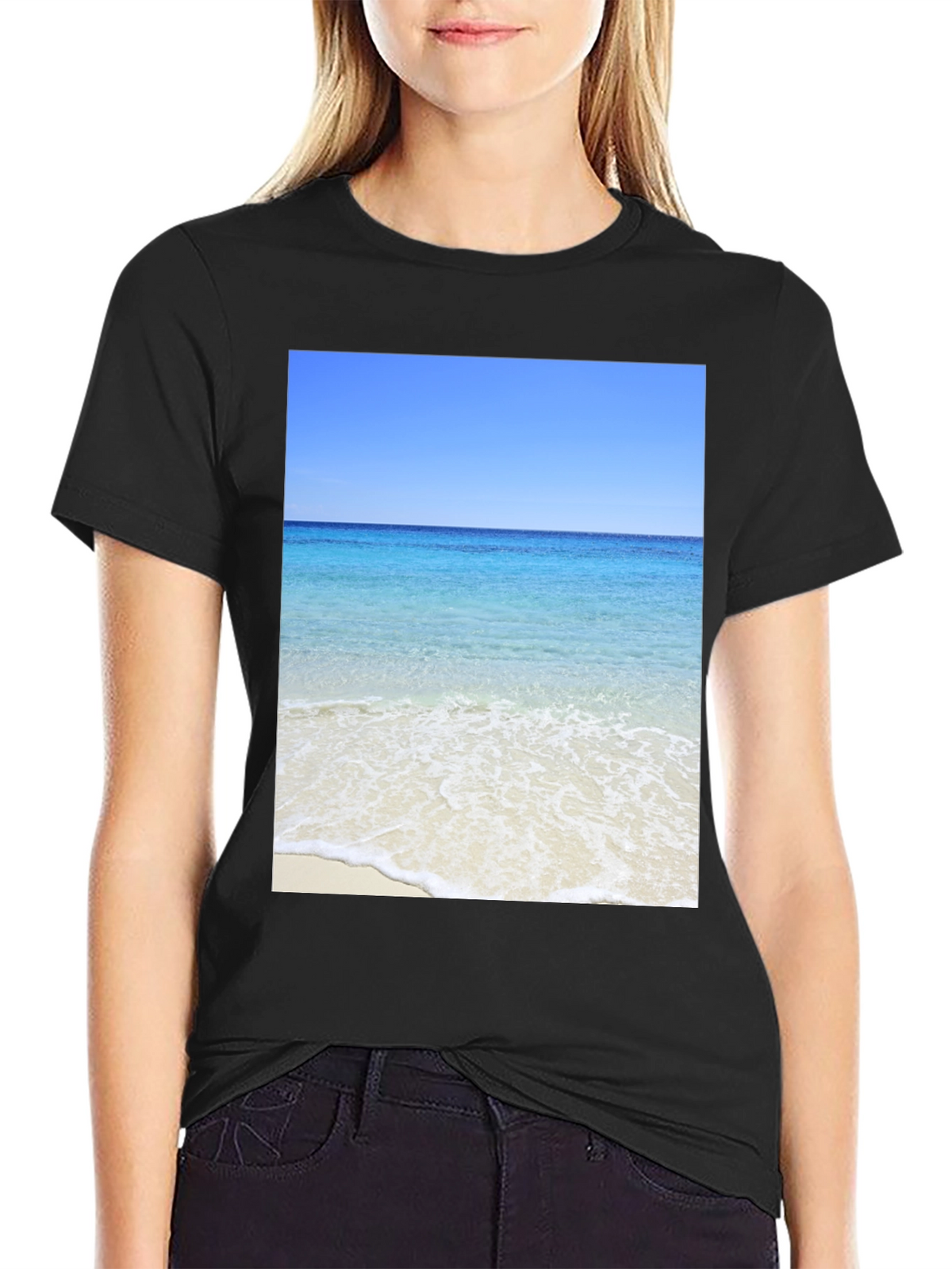 Ocean View Black T-Shirt - Beach Scene