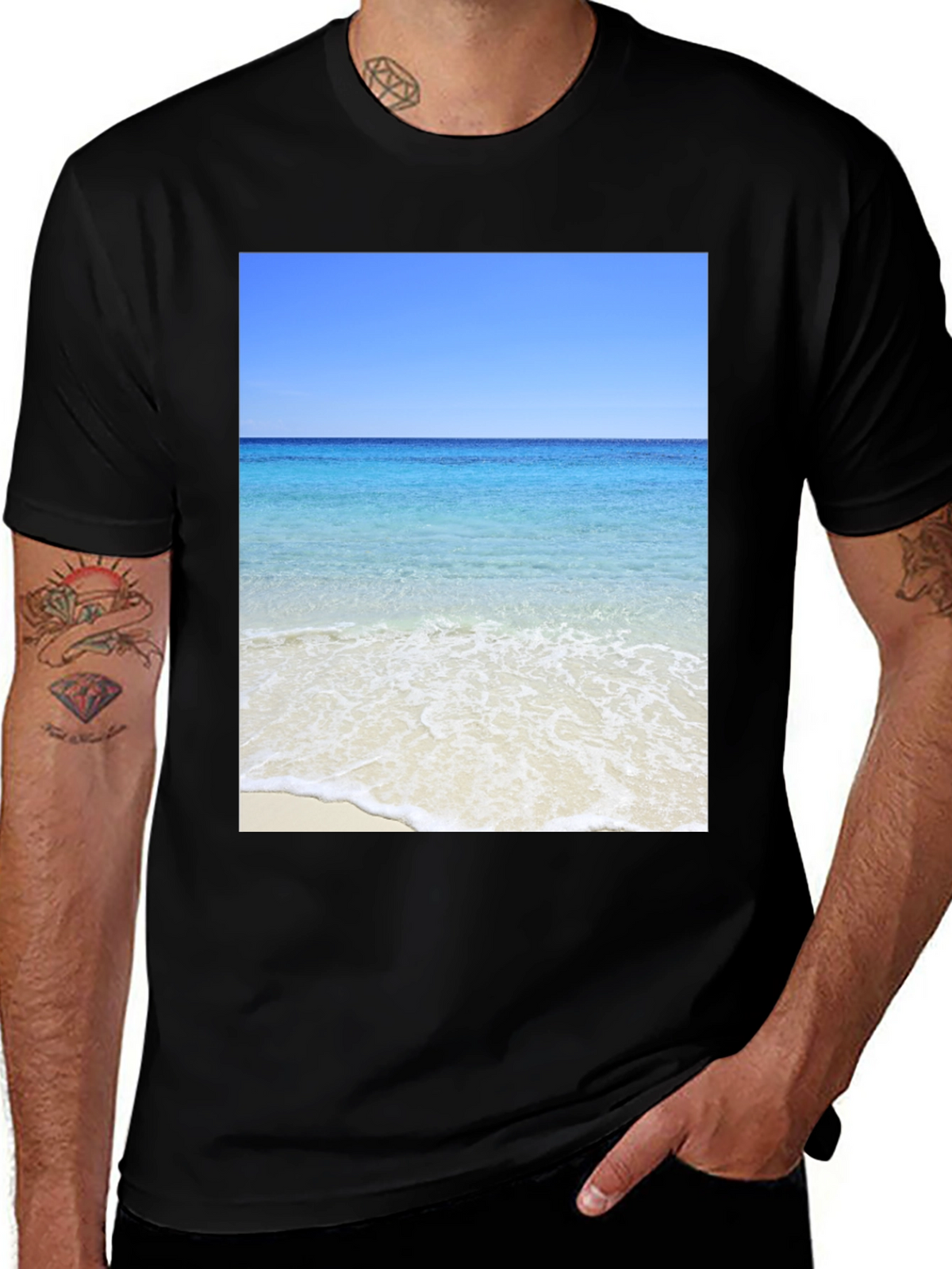 Ocean View Black T-Shirt - Beach Scene