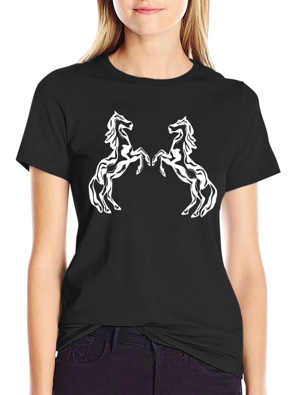 Black T-Shirt with White Horse Design