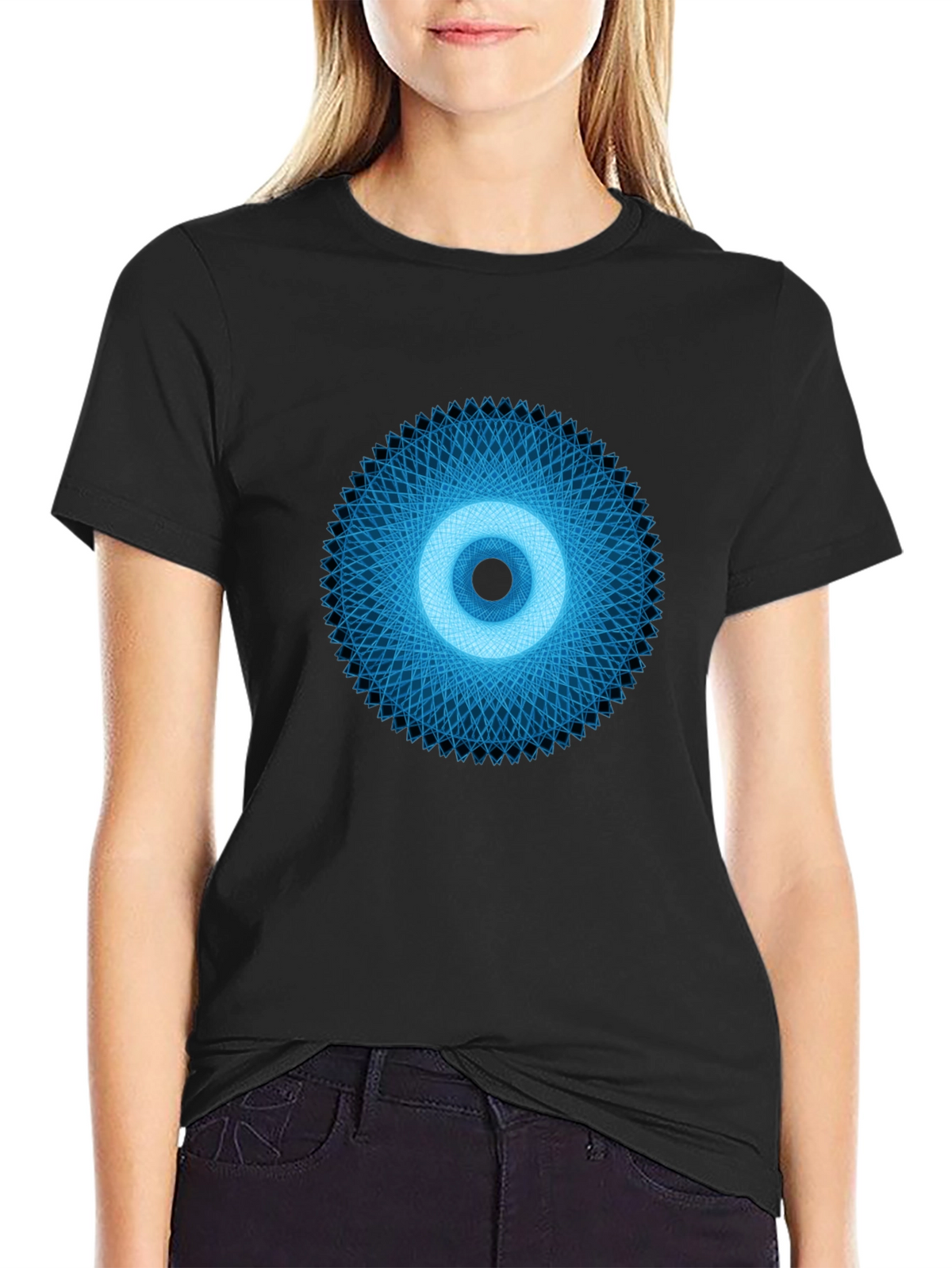 Geometric Eye Graphic Tee - Black Crew Neck