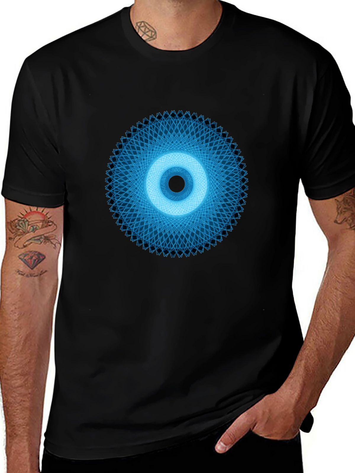 Geometric Eye Graphic Tee - Black Crew Neck