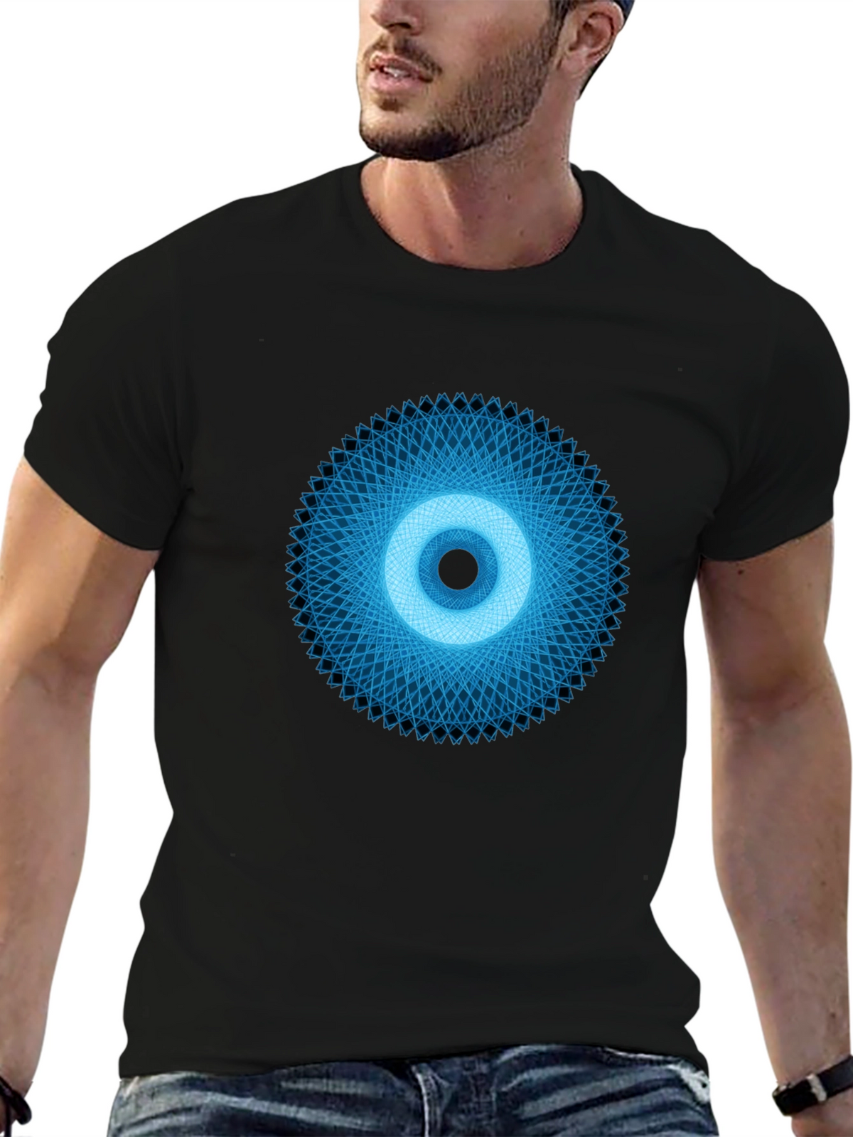 Geometric Eye Graphic Tee - Black Crew Neck