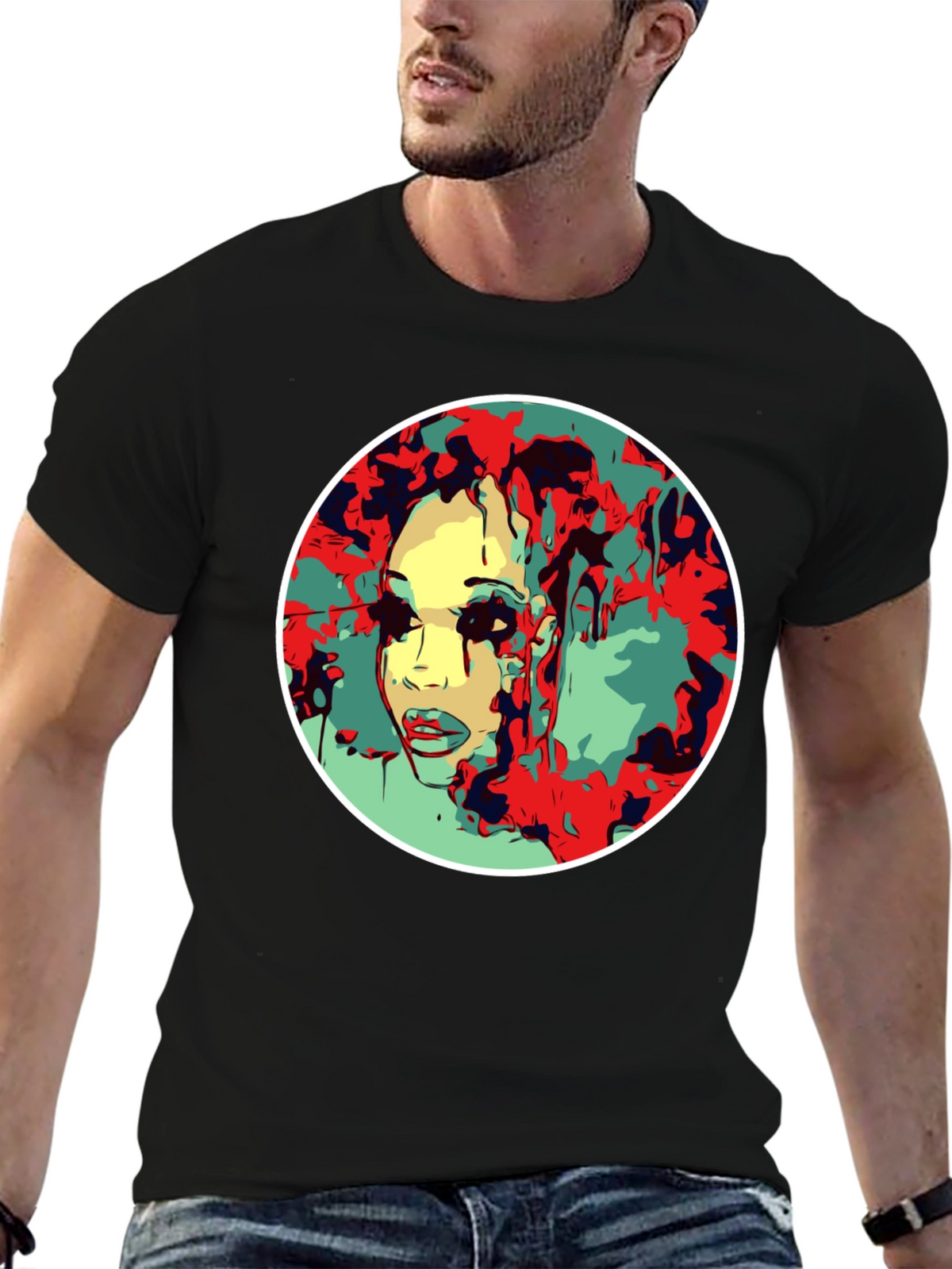 Abstract Face Graphic T-Shirt - Black