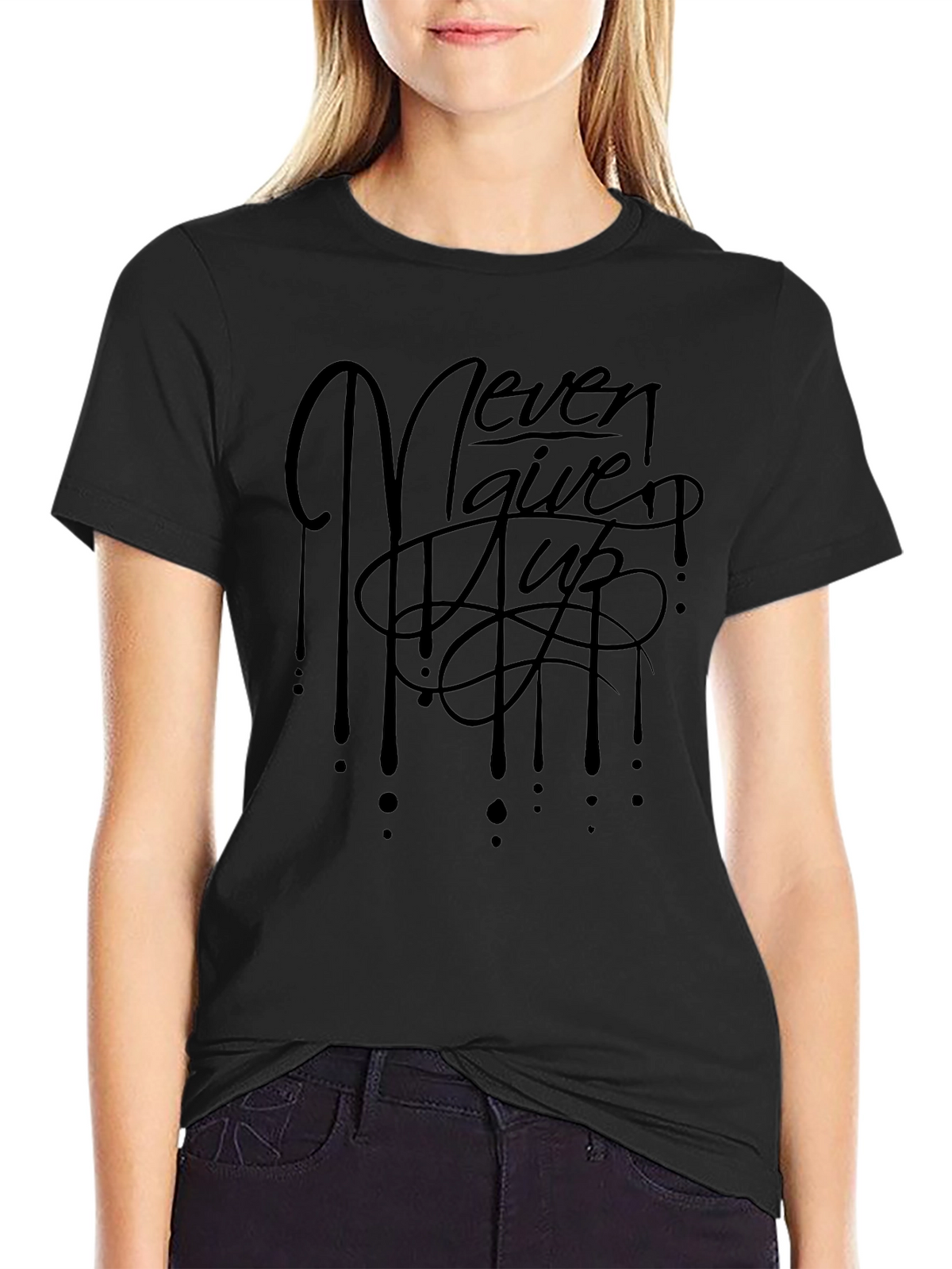 Never Give Up Black Graphic T-Shirt