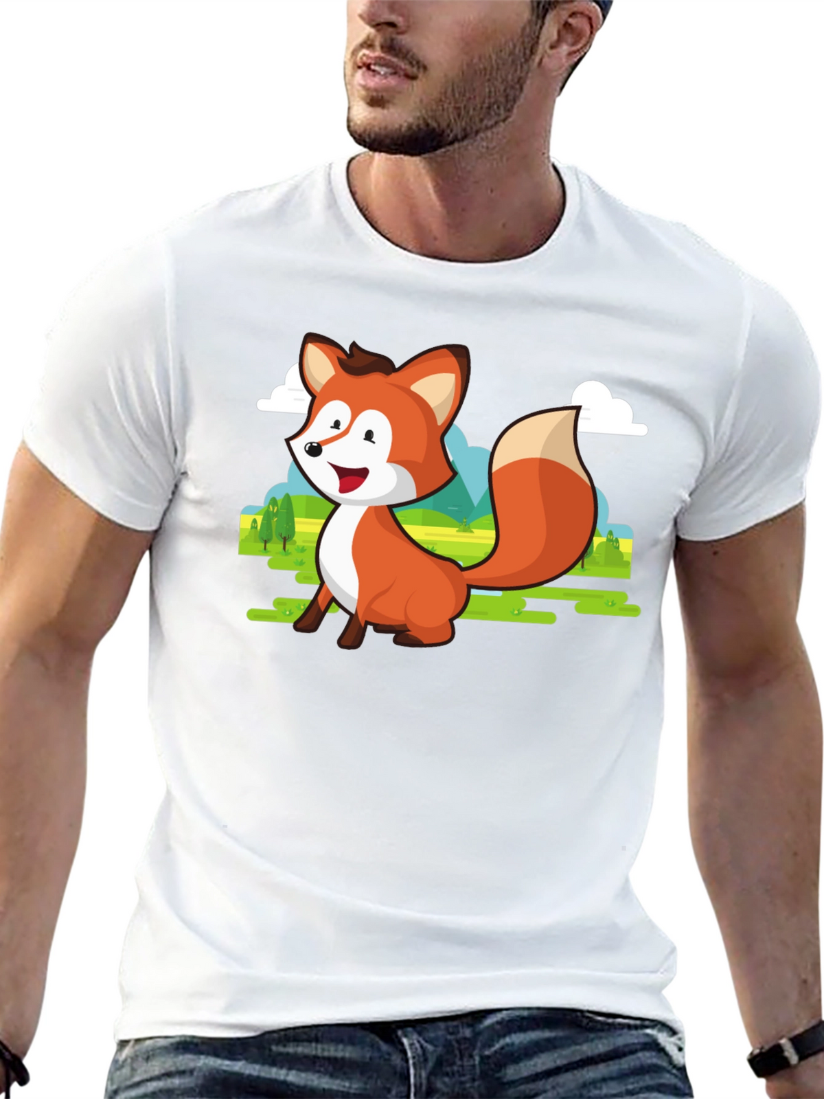 Cute Fox Cartoon T-Shirt - Mens Black Tee
