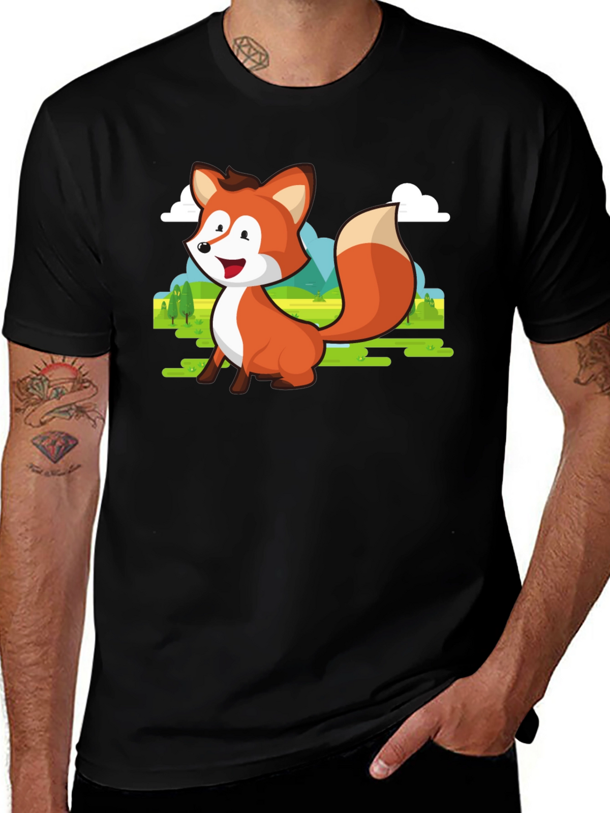 Cute Fox Cartoon T-Shirt - Mens Black Tee