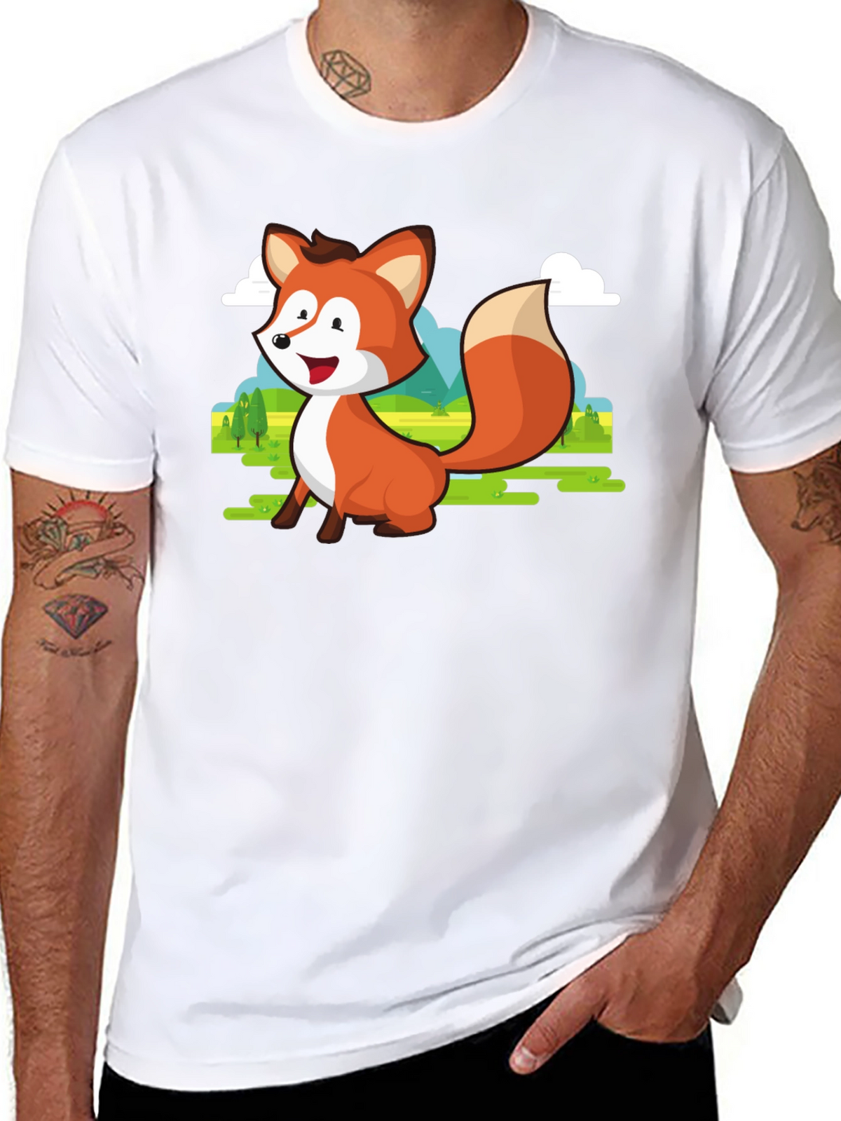 Cute Fox Cartoon T-Shirt - Mens Black Tee
