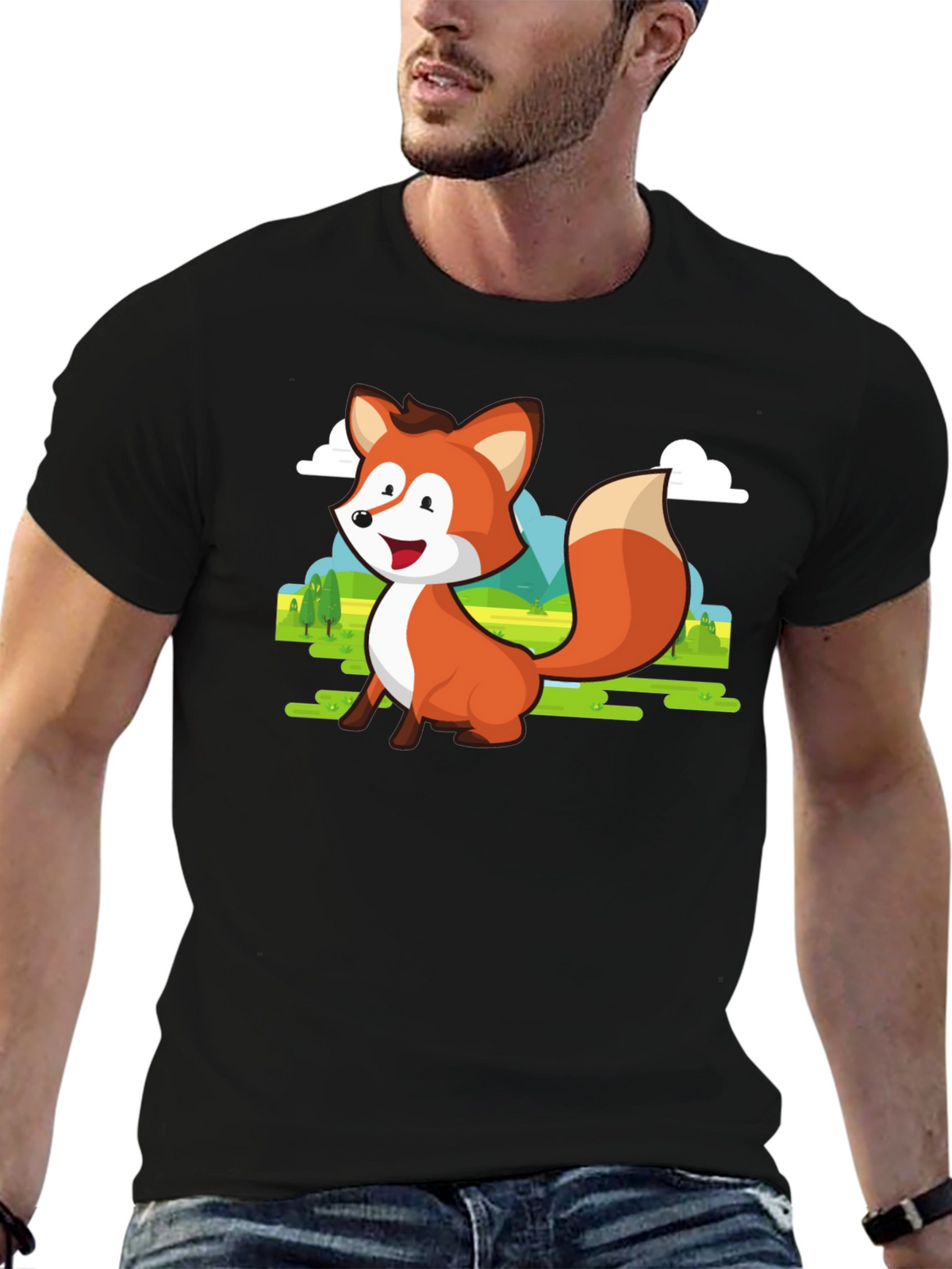 Cute Fox Cartoon T-Shirt - Mens Black Tee