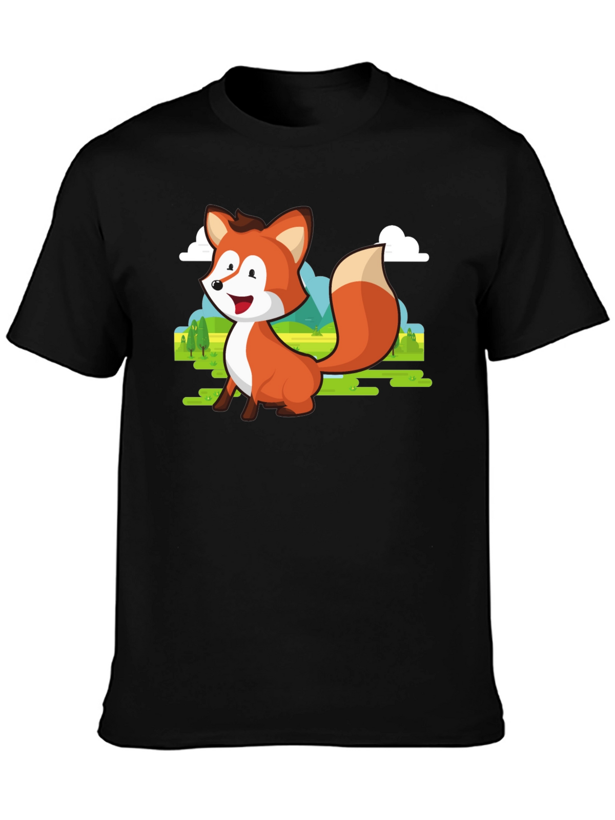 Cute Fox Cartoon T-Shirt - Mens Black Tee