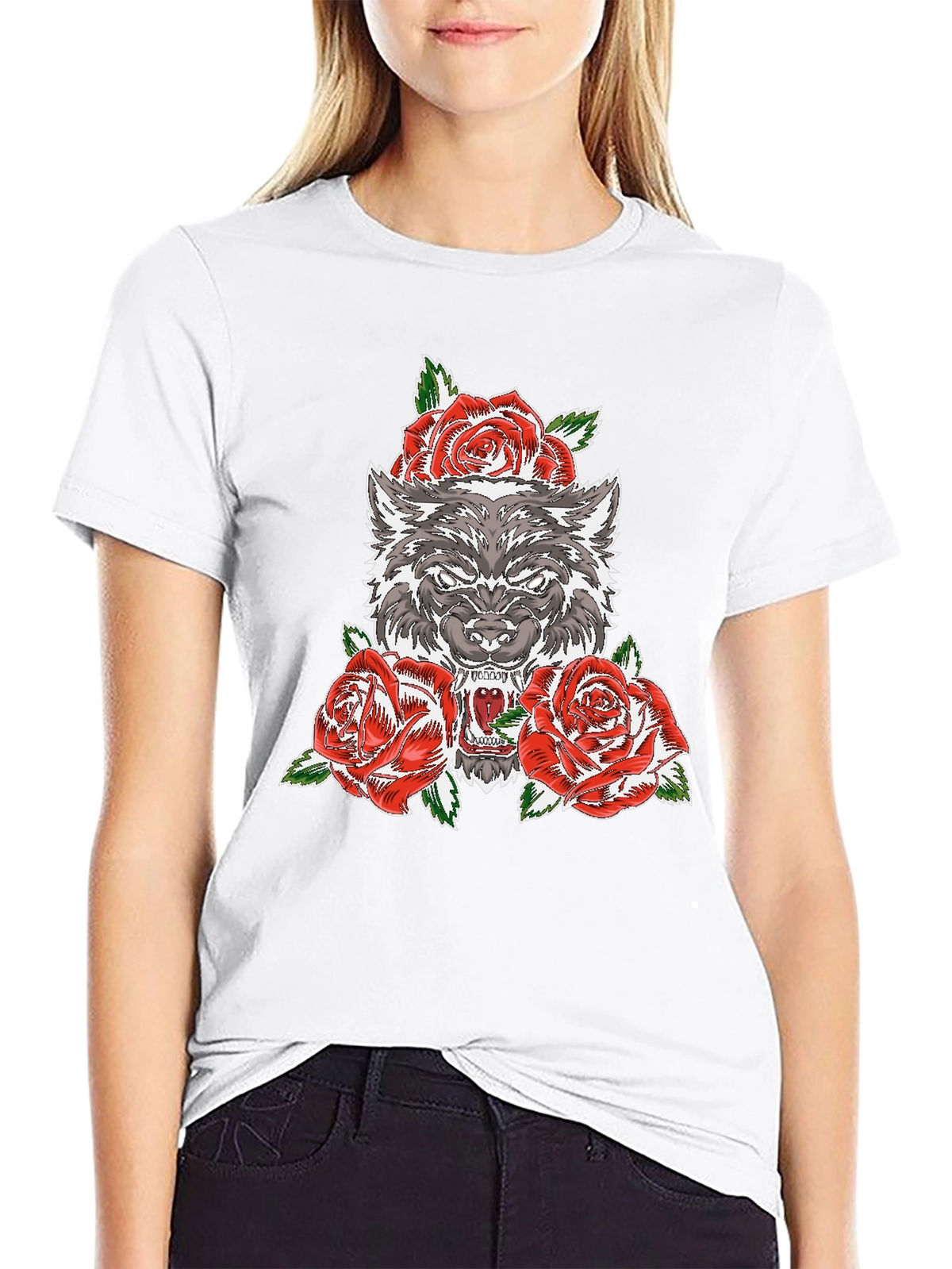 Wolf and Roses Graphic T-Shirt - Black