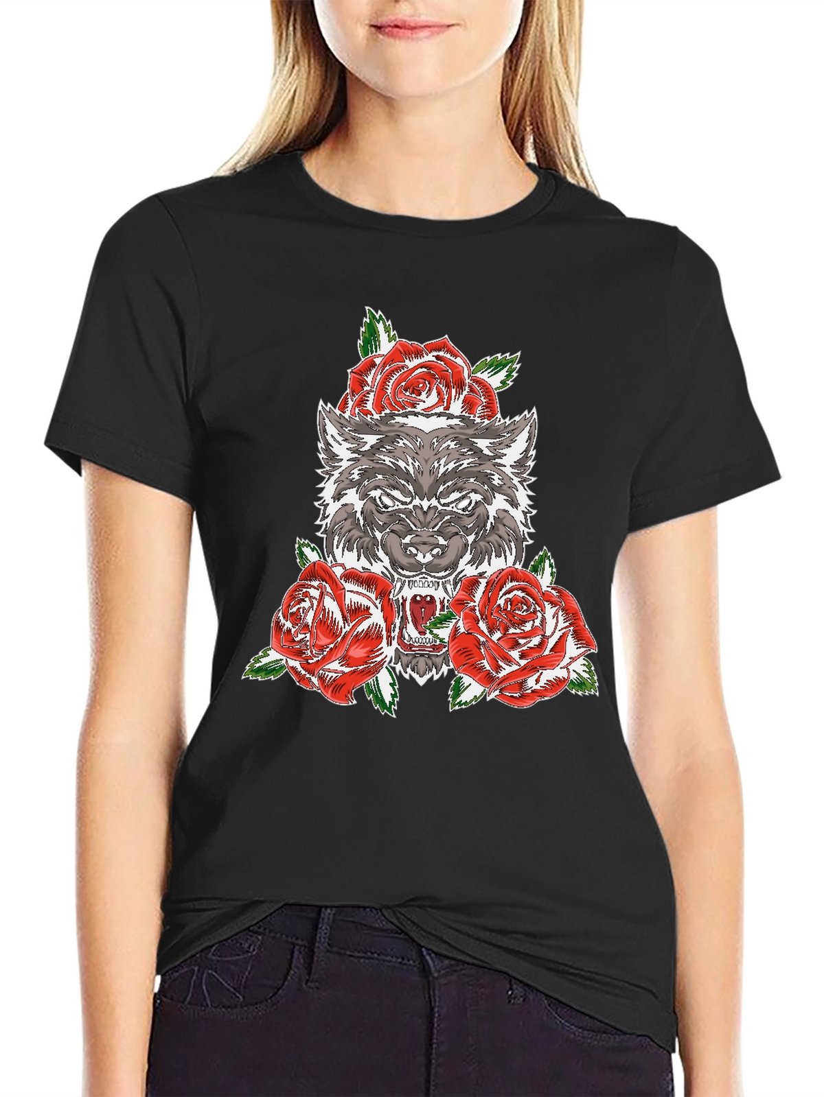 Wolf and Roses Graphic T-Shirt - Black