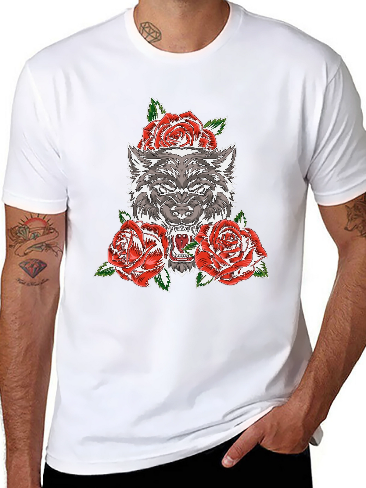 Wolf and Roses Graphic T-Shirt - Black