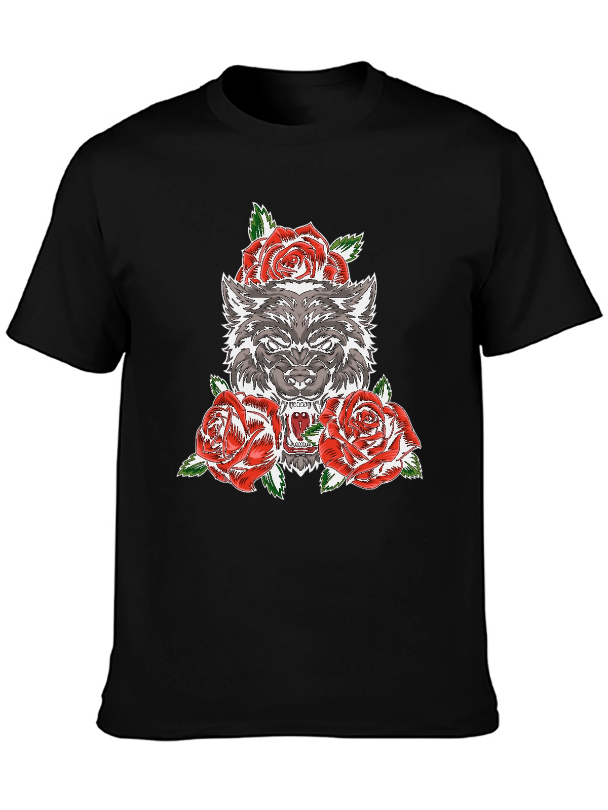 Wolf and Roses Graphic T-Shirt - Black