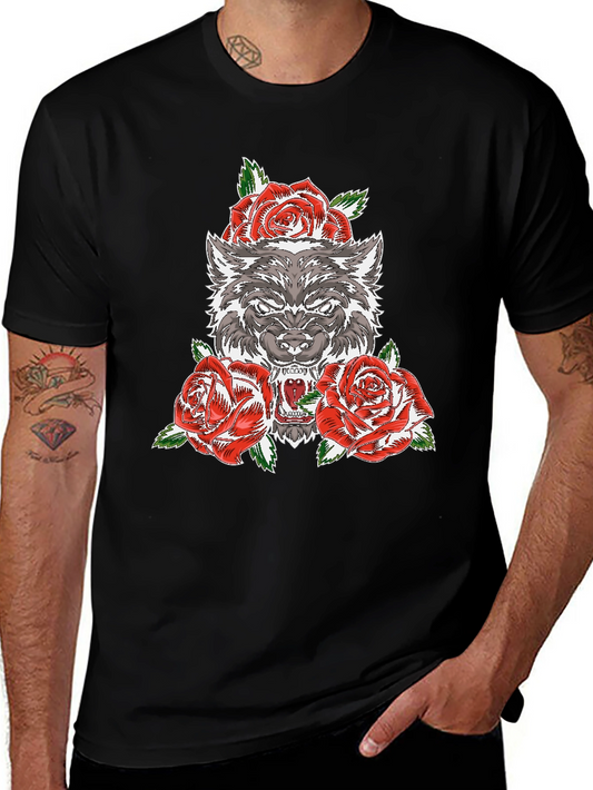 Wolf and Roses Graphic T-Shirt - Black