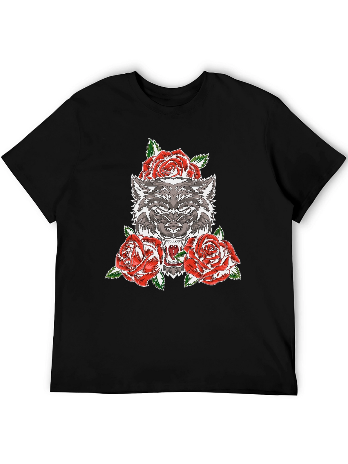 Wolf and Roses Graphic T-Shirt - Black