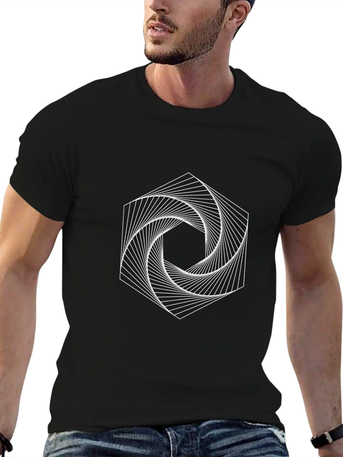 Geometric Spiral Graphic Tee - Modern Black T-Shirt