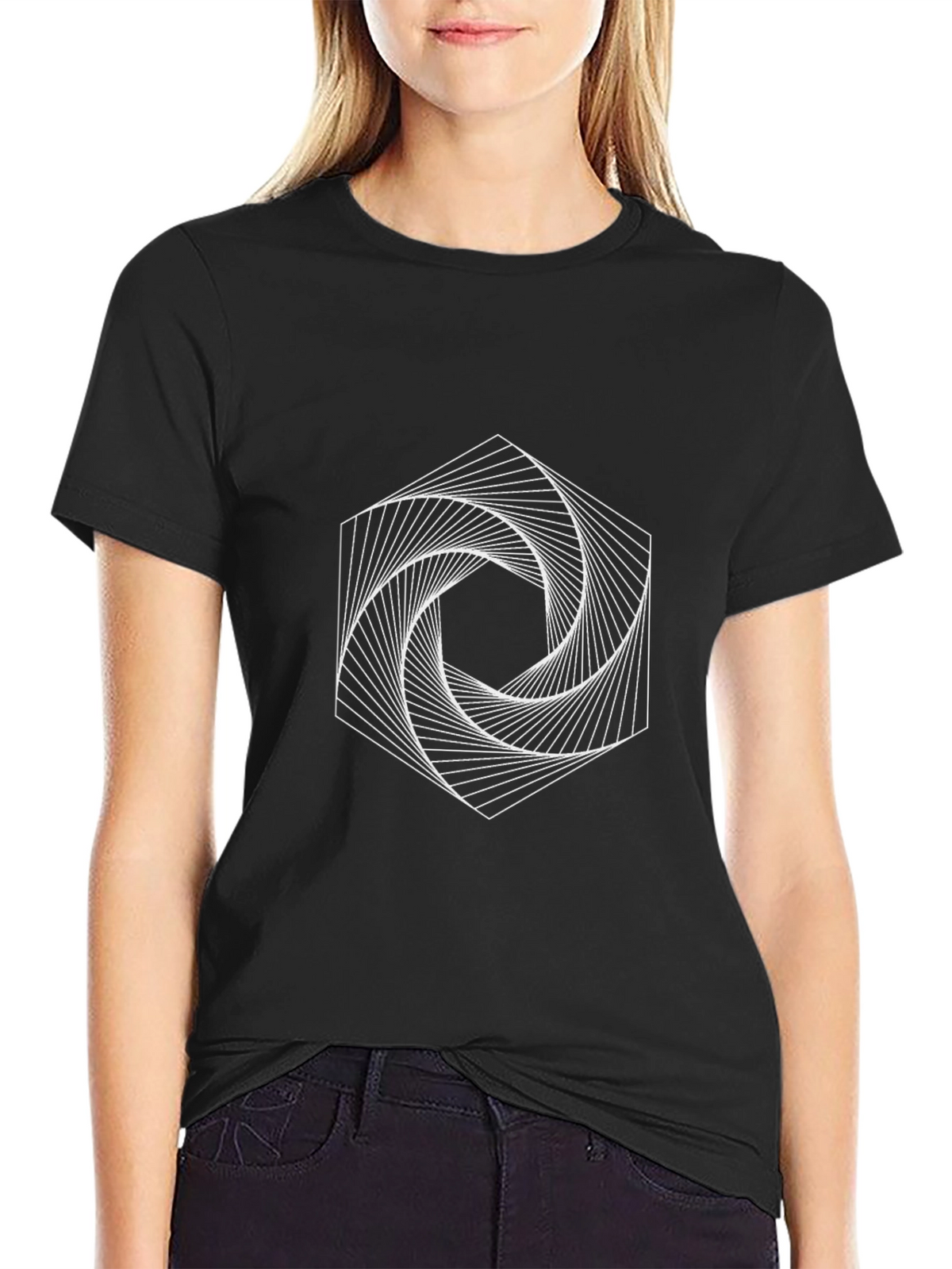Geometric Spiral Graphic Tee - Modern Black T-Shirt