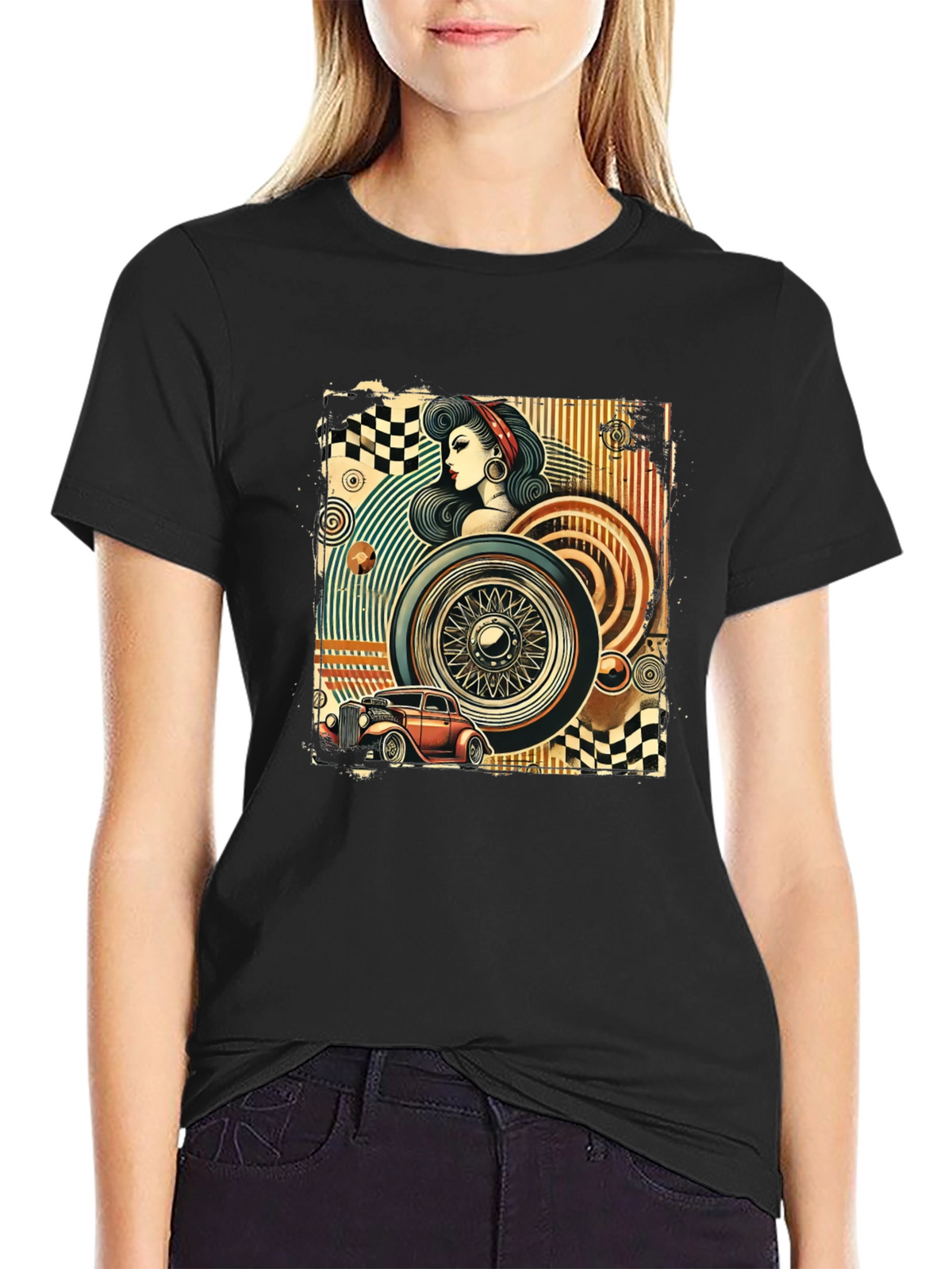 Retro Car & Pin-Up Graphic T-Shirt