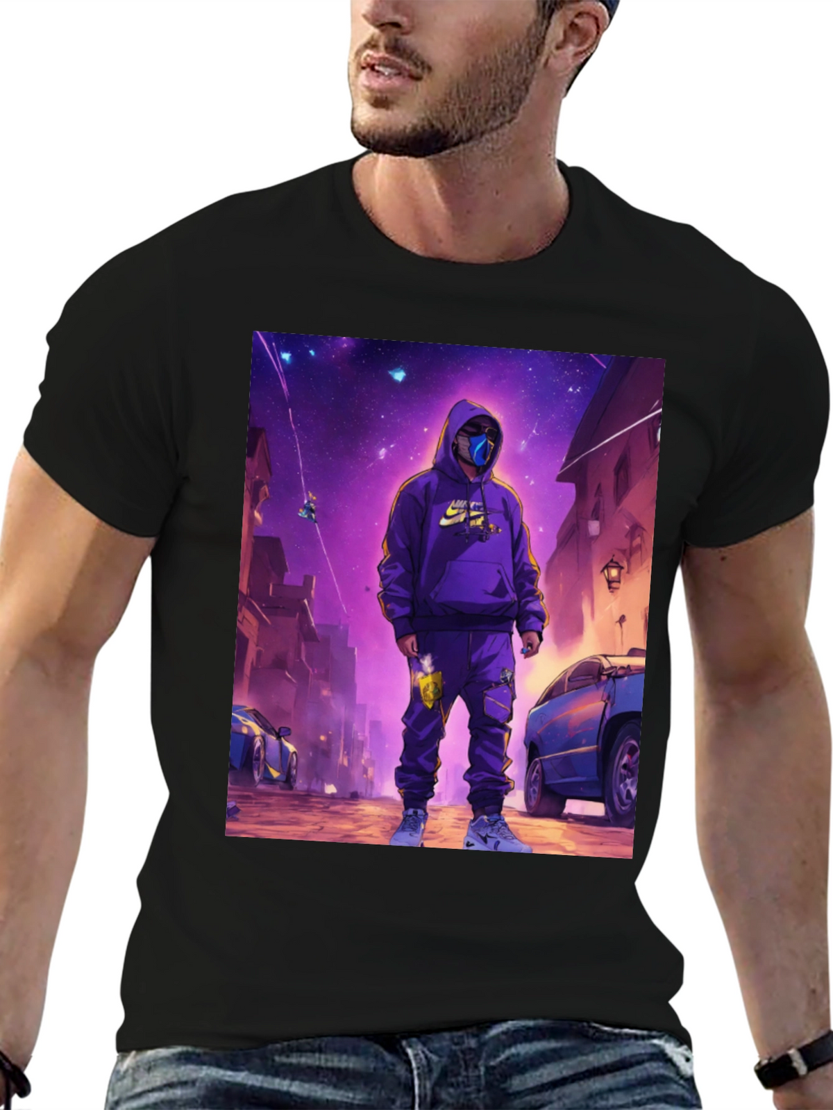 Black T-Shirt with Urban Galaxy Graphic
