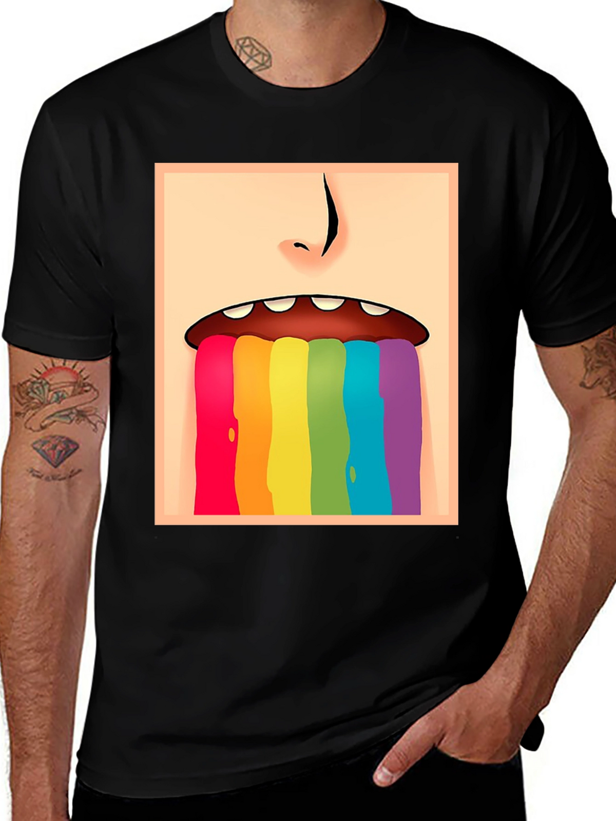Rainbow Vomit Graphic Tee - Black Cotton Comfort
