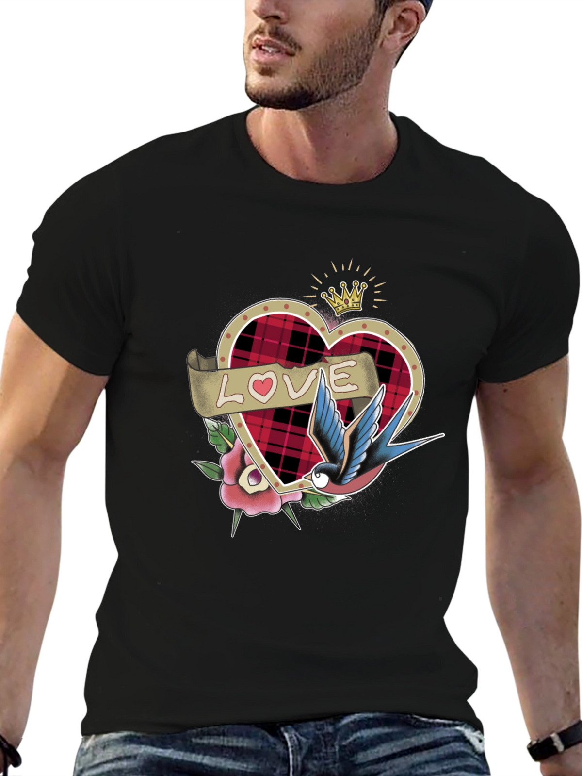 Love Tattoo Heart Graphic Black T-Shirt