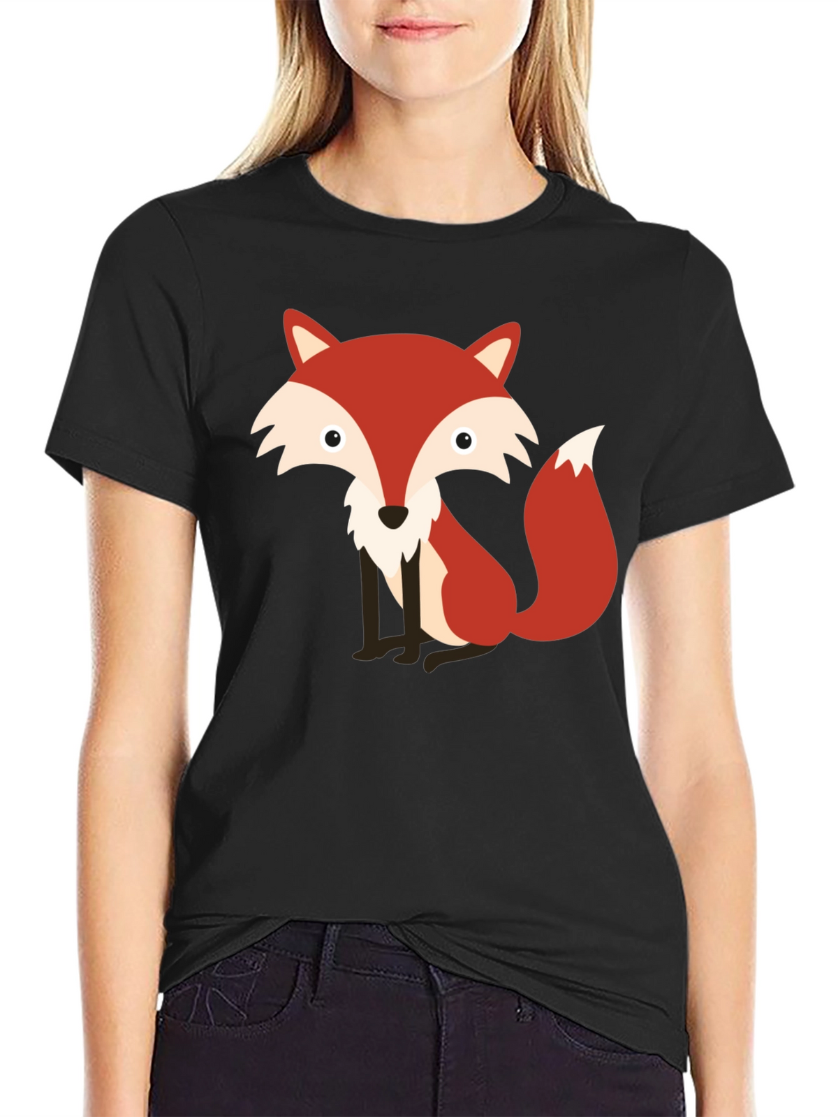 Cute Fox Graphic Print Black T-Shirt